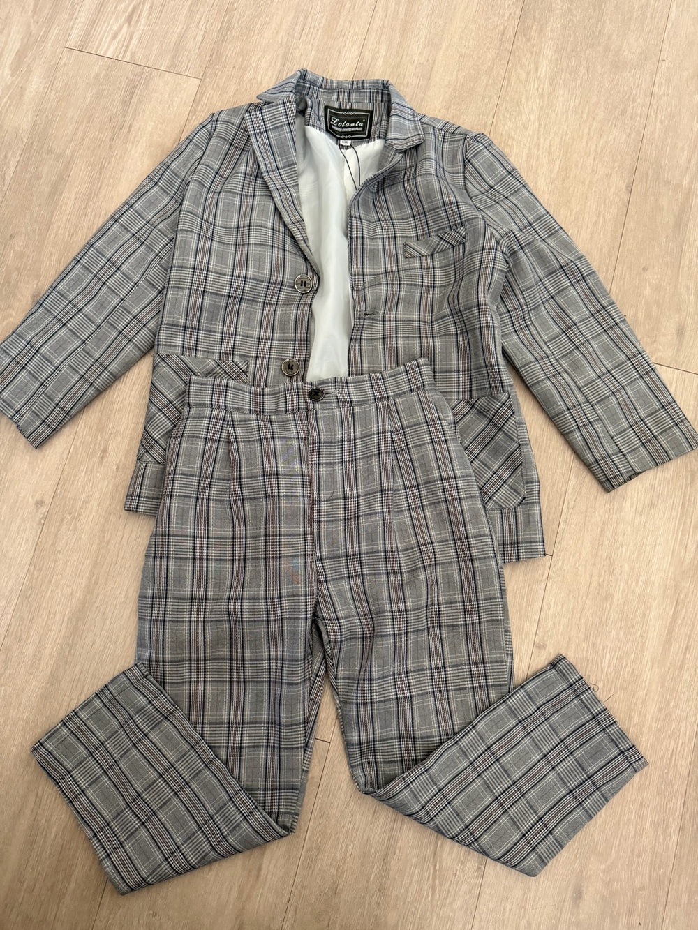 Kids Gray Plaid Matching Suit Set - Classic Two-Piece size 130 ( 7-8 )